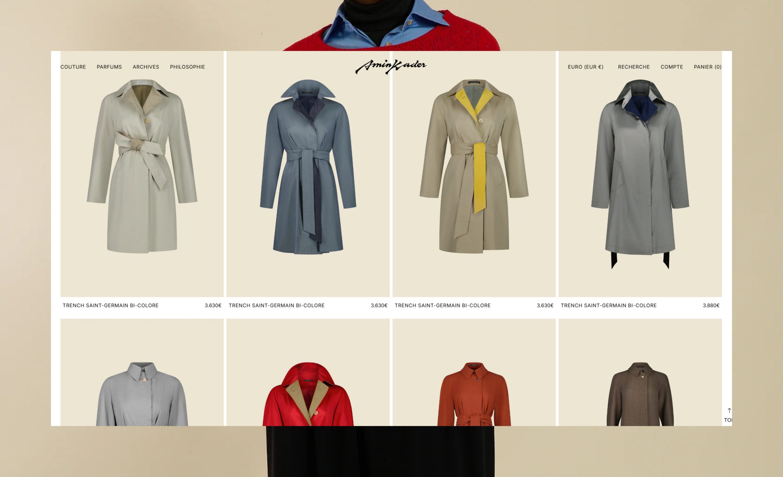 Sélection de trench-coats de luxe par Maison Amin Kader, alliant élégance et savoir-faire artisanal, présentée sur la boutique en ligne.