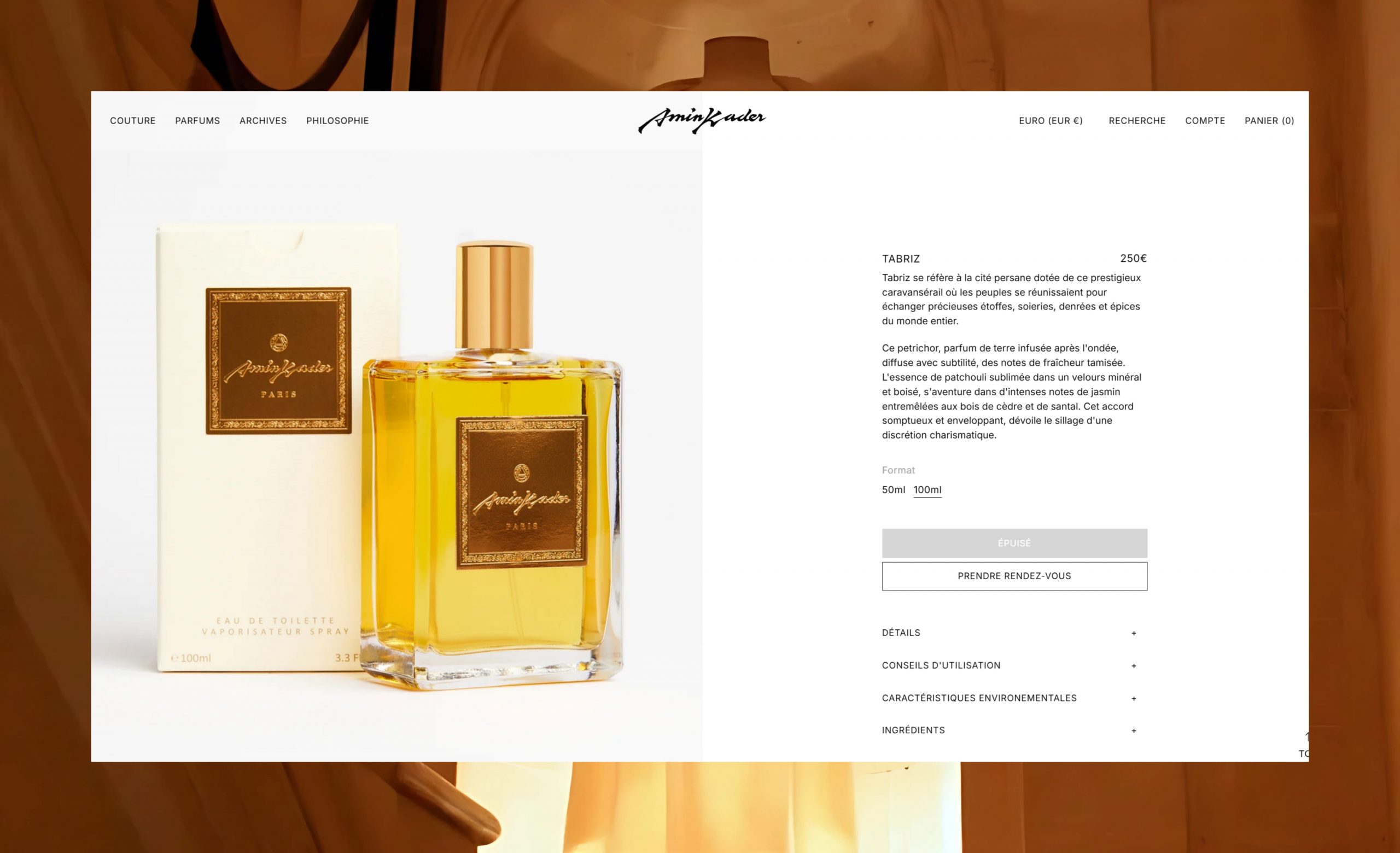 Flacon de parfum de luxe signé Maison Amin Kader, une fragrance raffinée aux notes élégantes, capturant l'essence du savoir-faire parisien.