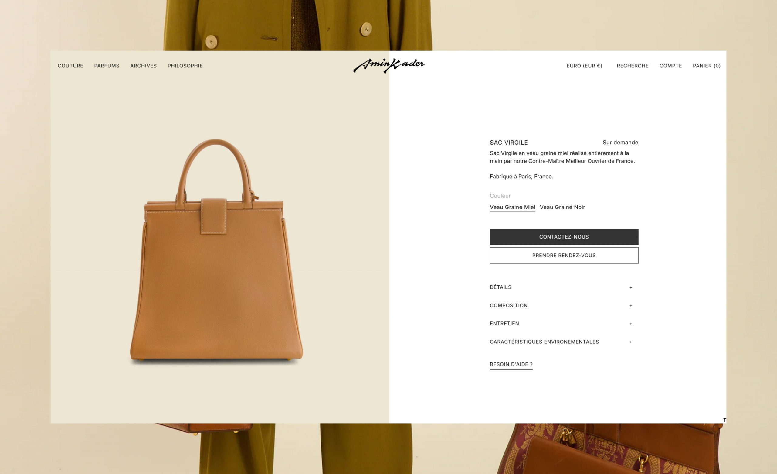 Sac Virgil en cuir de luxe par Maison Amin Kader, fabriqué à la main en France, illustrant l’élégance et le savoir-faire artisanal.