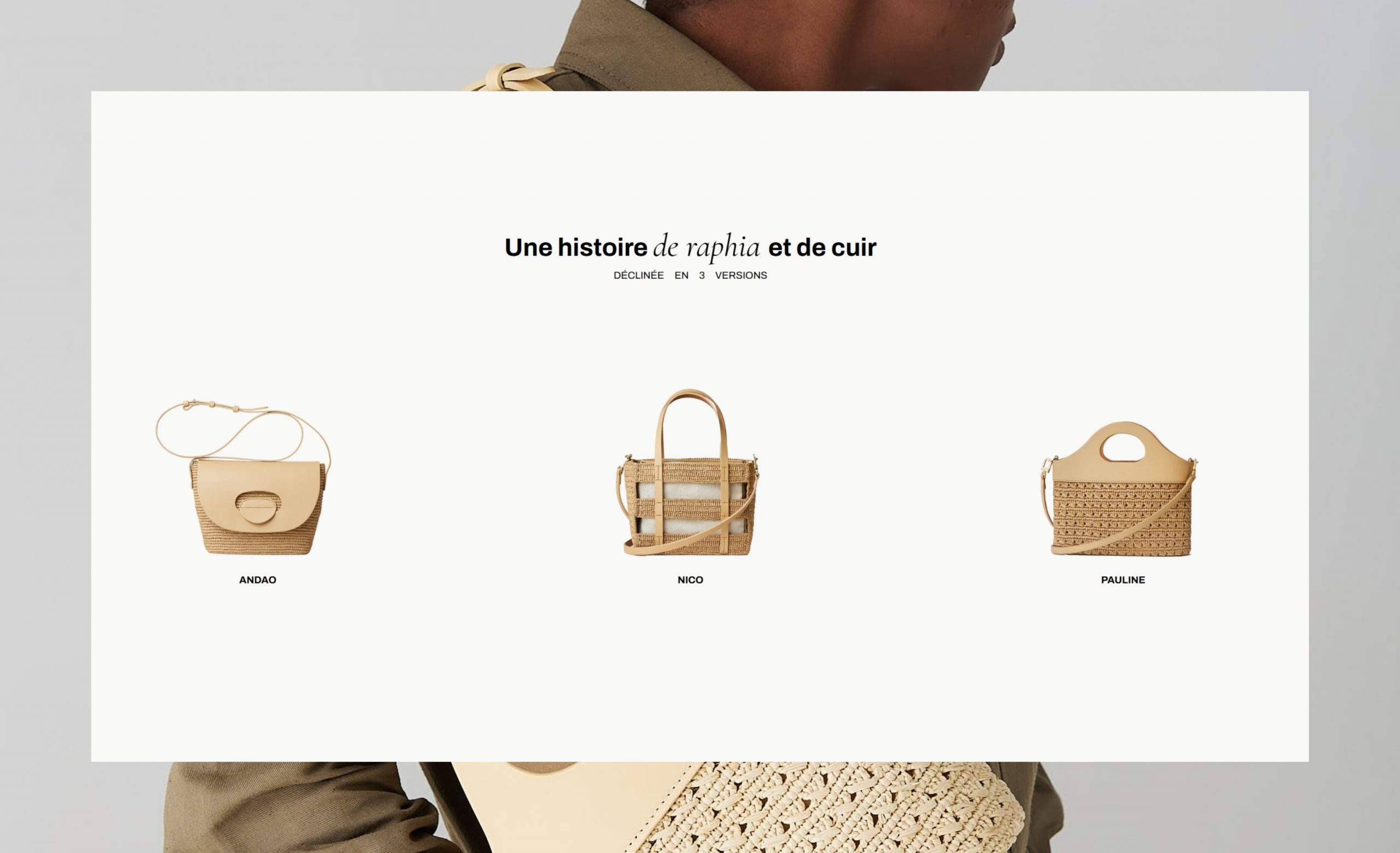 Une collection de sacs en raphia et cuir haut de gamme - modèles Anjao, Nico et Pauline.